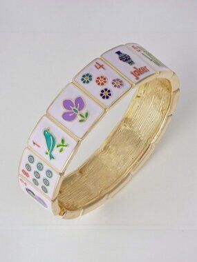 Mahjong Tile Bracelet Gold Hinged Bangle Enamel Statement Bracelet NWT